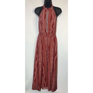 Shein Womens Paisley Print Sleeveless Open Back Midi Halter Dress Red Size Large